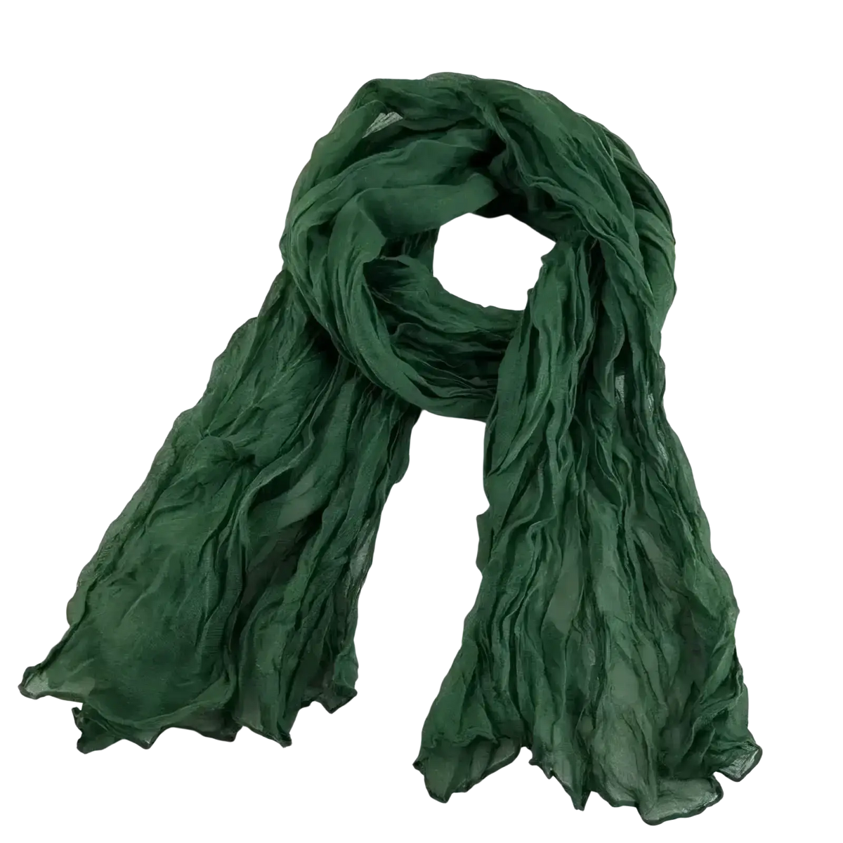 A soft deep green bohemian pleated cotton linen scarf long wrap with lightweight flowing fabric
