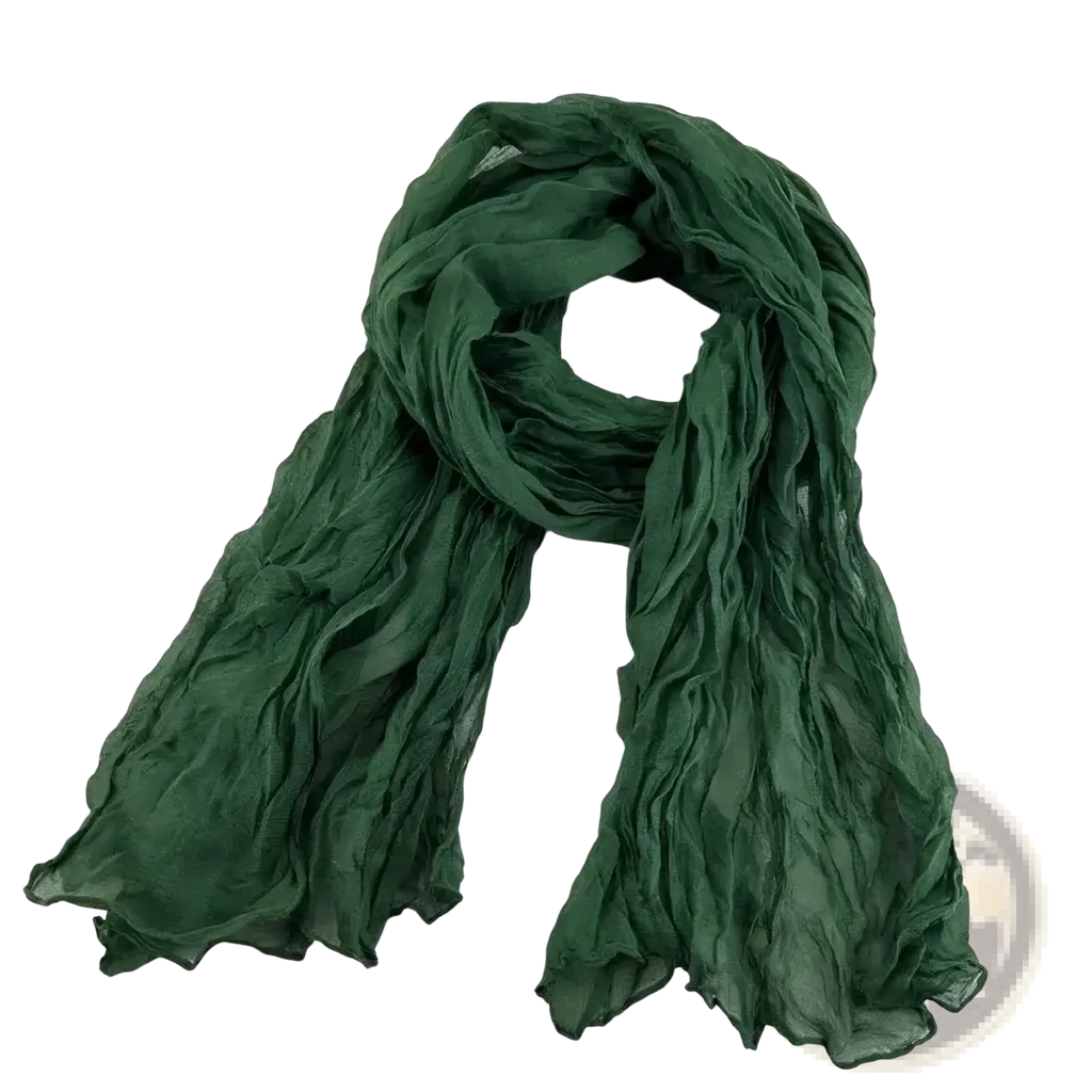 Bohemian pleated cotton linen scarf long wrap in soft deep green chiffon with flowing crinkled texture