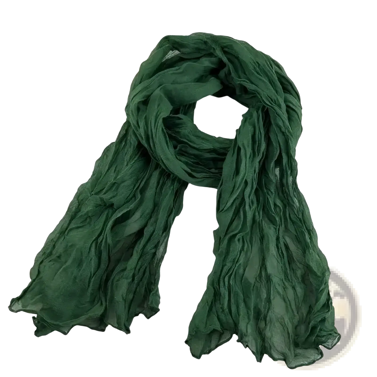 Bohemian pleated cotton linen scarf long wrap in soft deep green chiffon with flowing crinkled texture