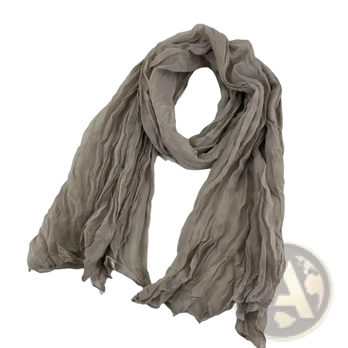 A soft dusty gray chiffon bohemian pleated long scarf with gentle ruching and flowing drape in cotton linen blend