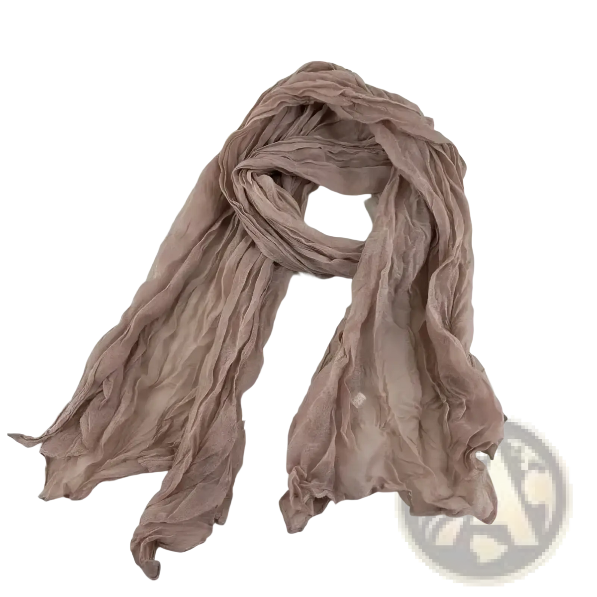 A soft dusty rose chiffon scarf with gentle ripples featured in a bohemian pleated cotton linen long wrap