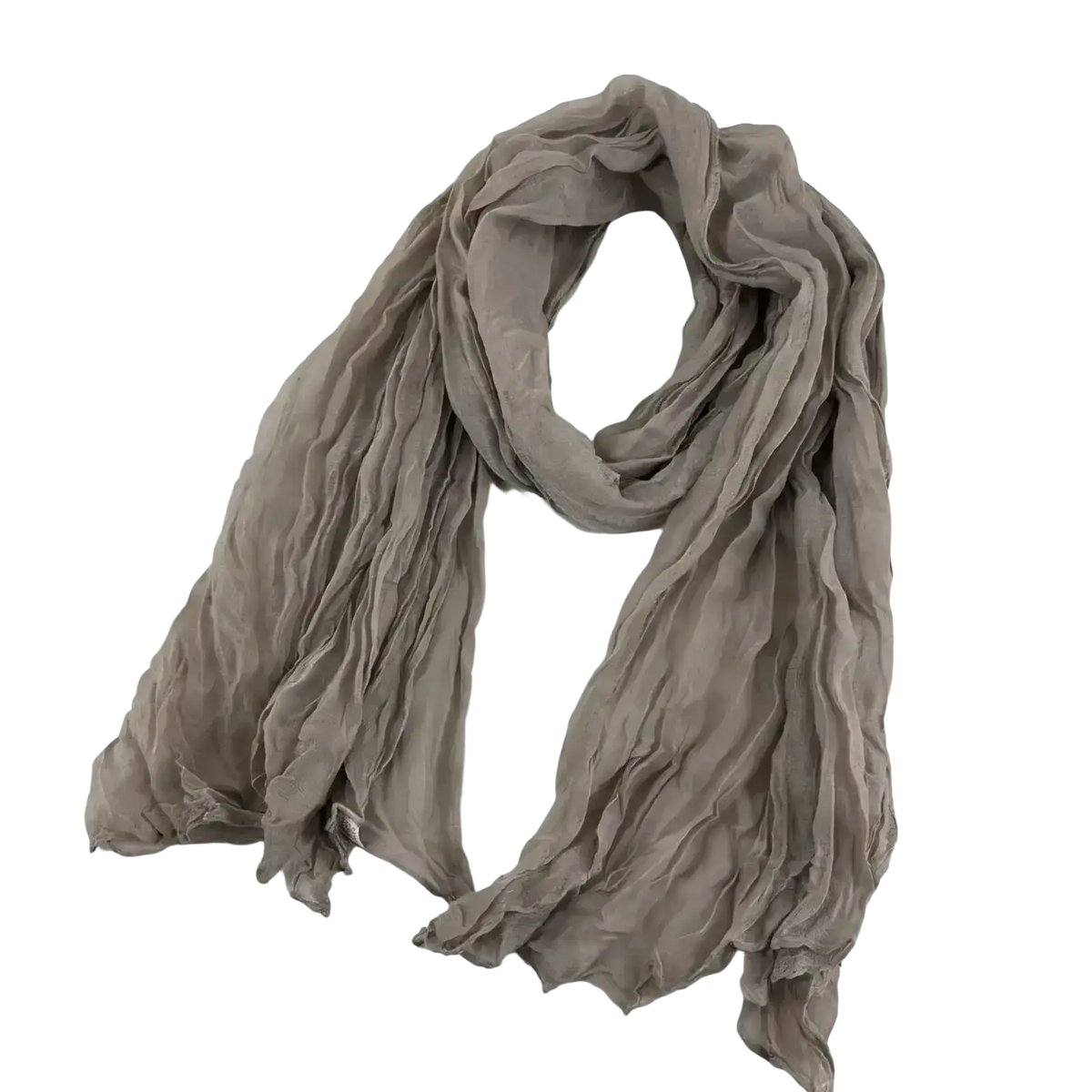 A soft light gray bohemian pleated cotton linen long wrap scarf with a flowing lightweight fabric