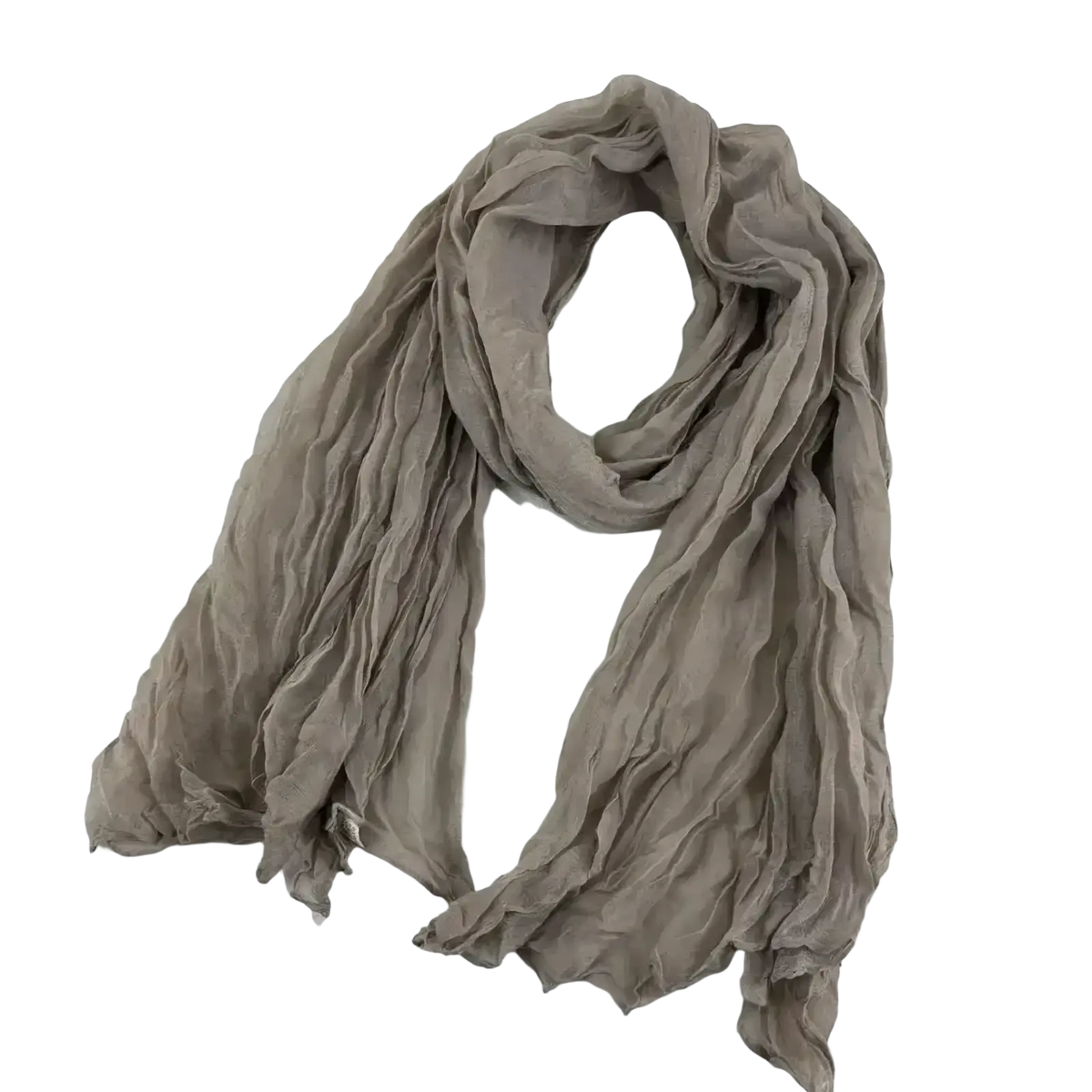 A soft light gray bohemian pleated cotton linen long wrap scarf with flowing lightweight fabric