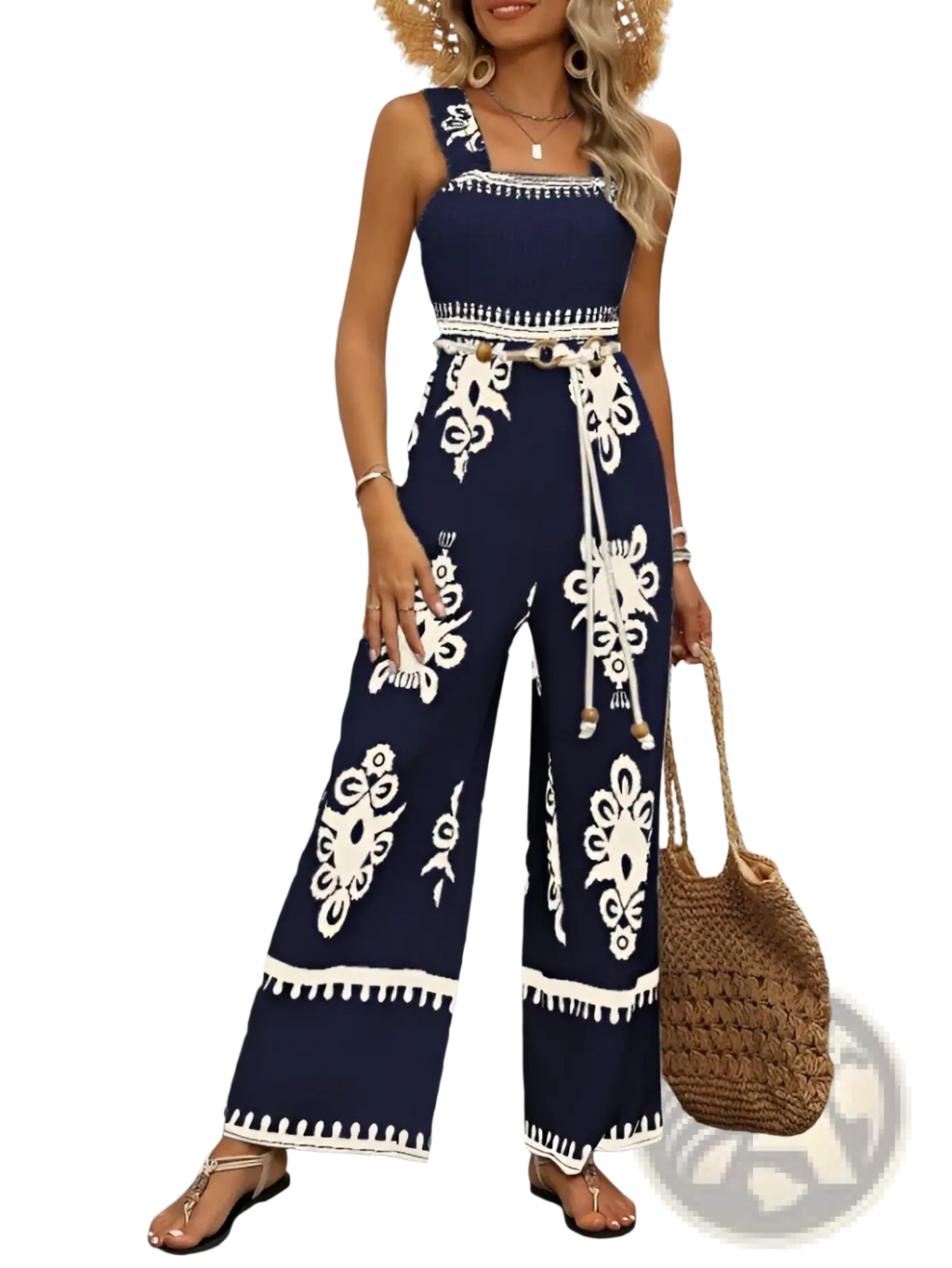 Bohemian printed wide-leg jumpsuit in navy blue and white with embroidery square neckline belt tie and tassel details