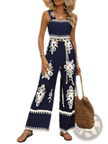 Bohemian printed wide-leg jumpsuit in navy blue and white with embroidery square neckline belt tie and tassel details
