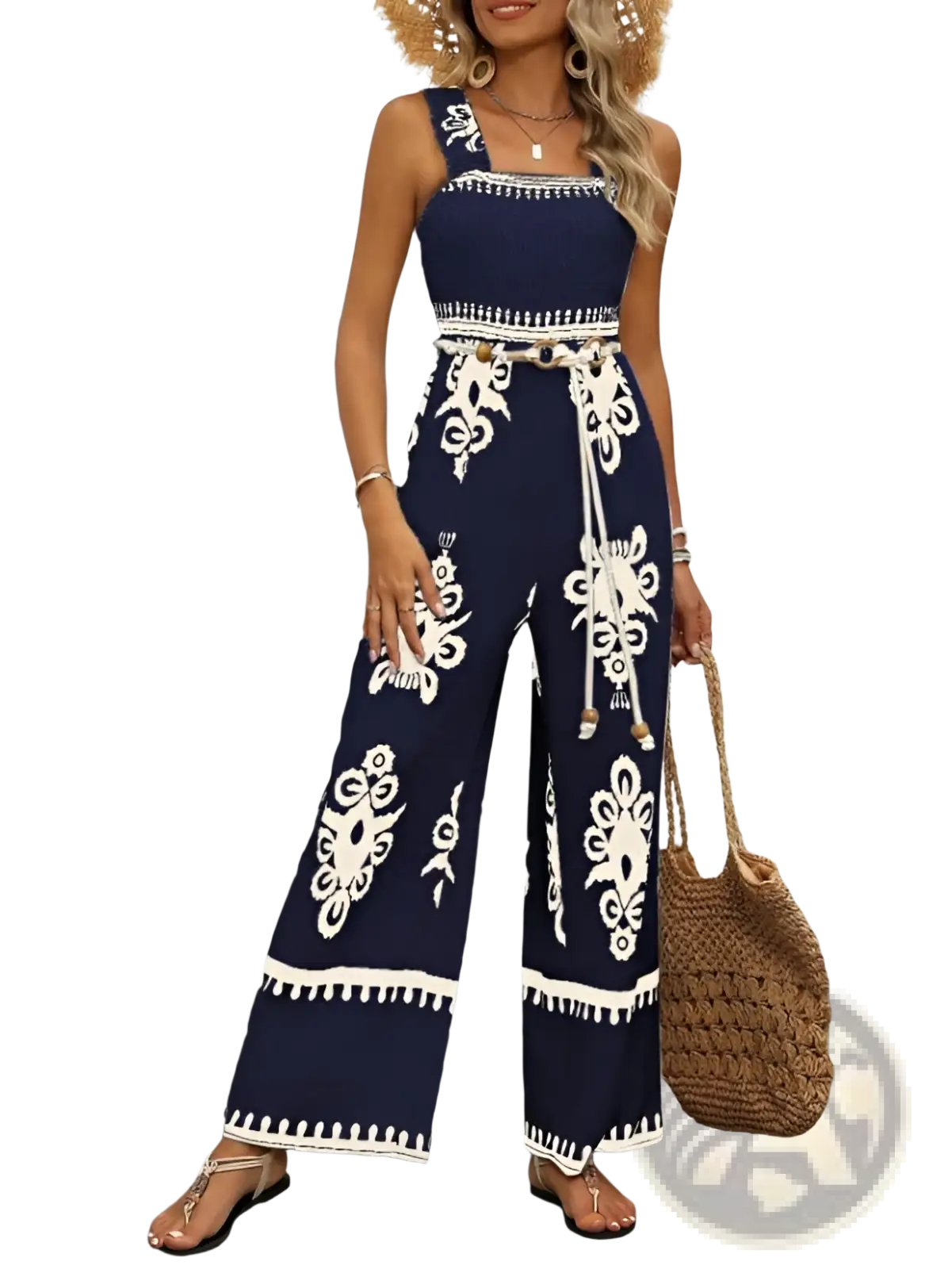 Bohemian printed wide-leg jumpsuit in navy blue and white with embroidery square neckline belt tie and tassel details