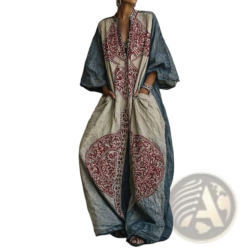 Bohemian printed wide leg pants in beige and blue denim blend with intricate red embroidered patterns