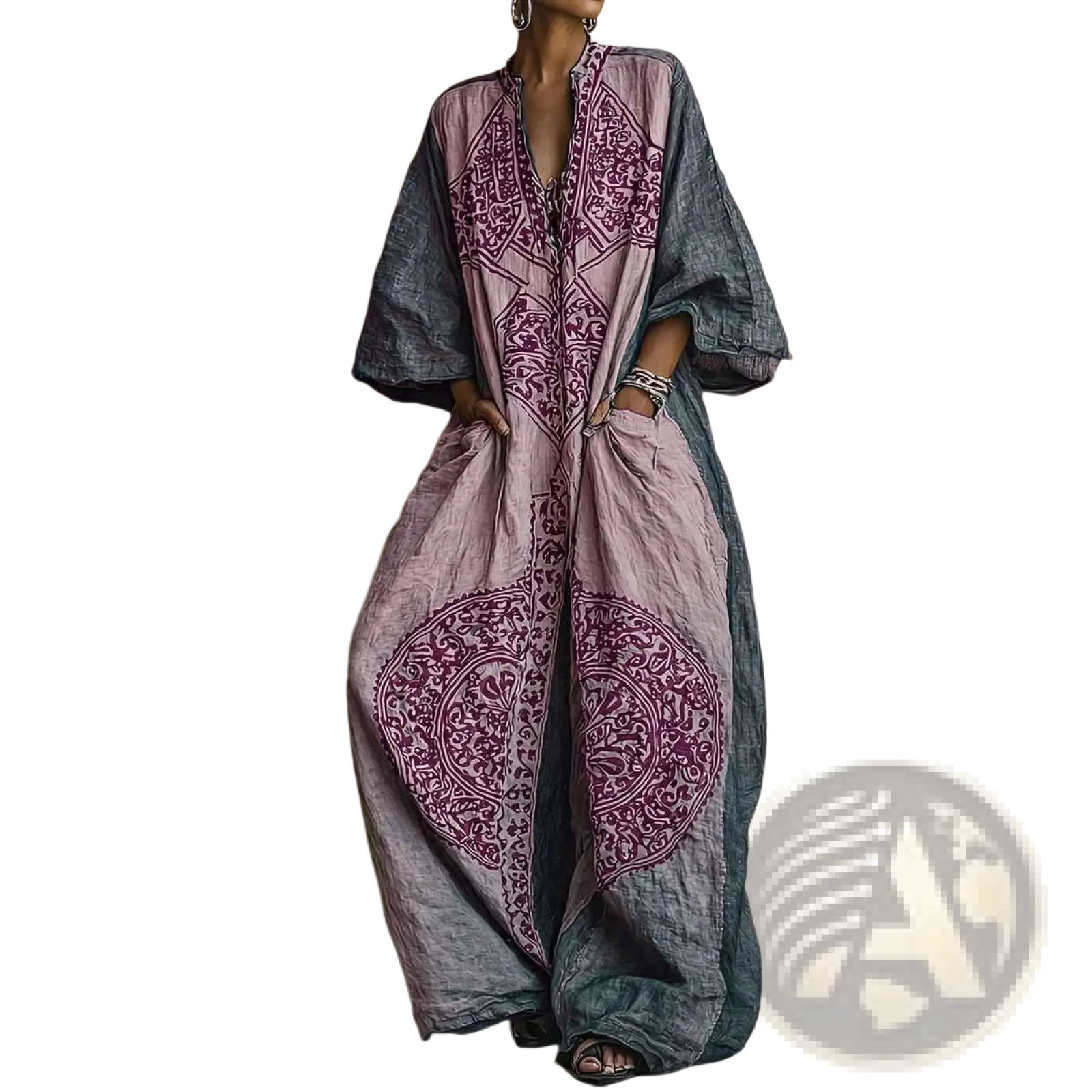 Bohemian printed wide leg pants in faded lavender and muted blue gray with purple embroidered patterns and flowing fabric