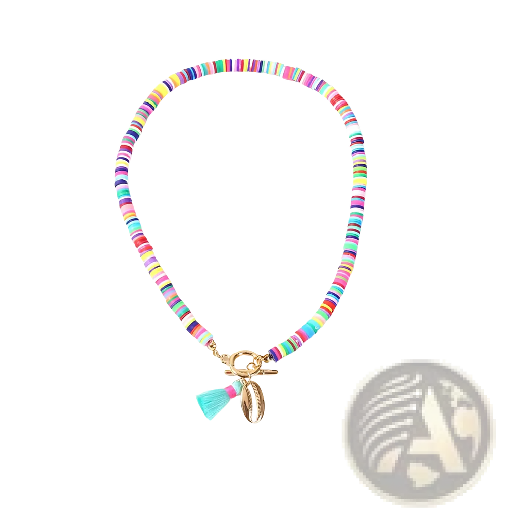 Bohemian rainbow beaded choker with colorful beads gold-tone toggle clasp and turquoise tassel charm
