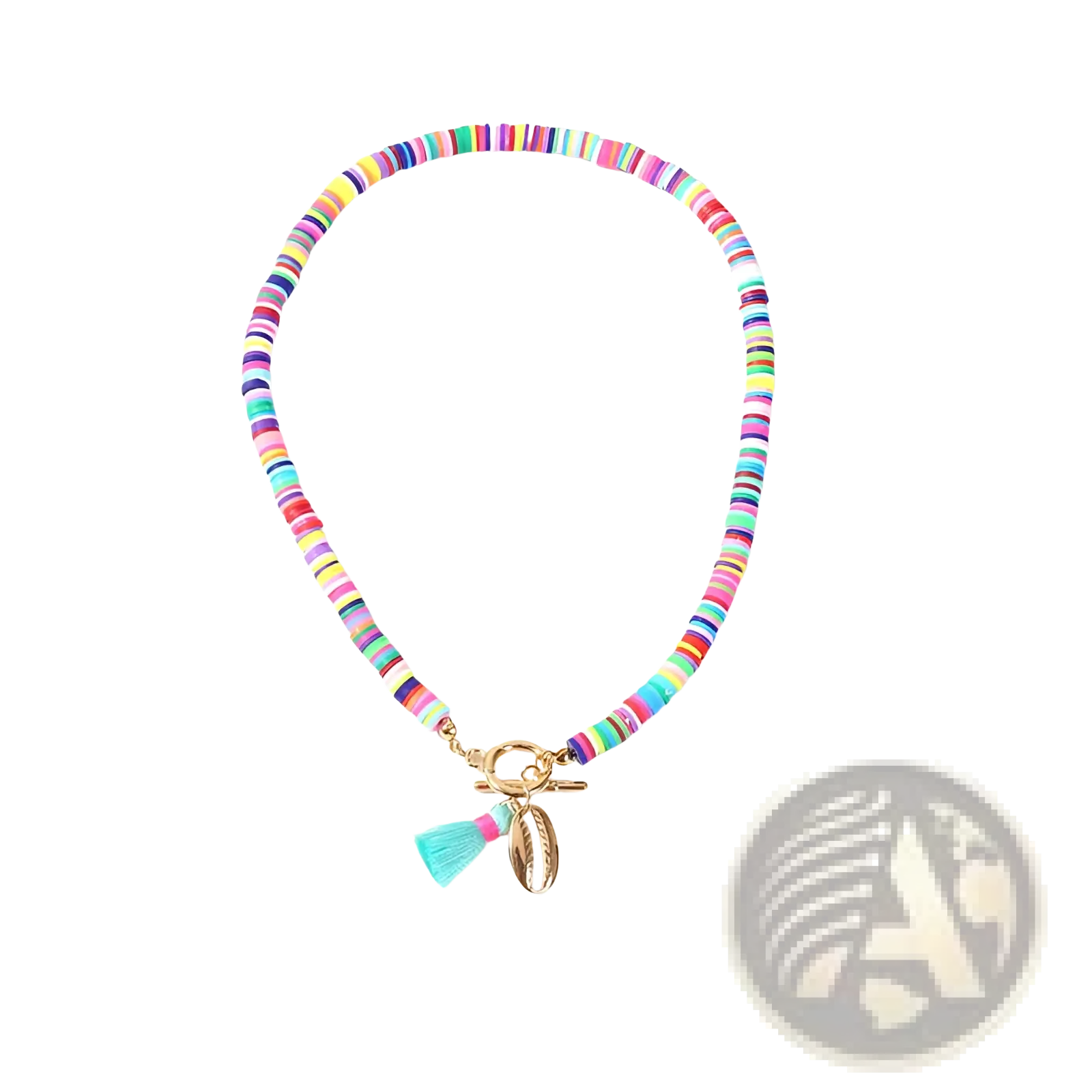 Bohemian rainbow beaded choker with colorful beads gold-tone toggle clasp and turquoise tassel charm