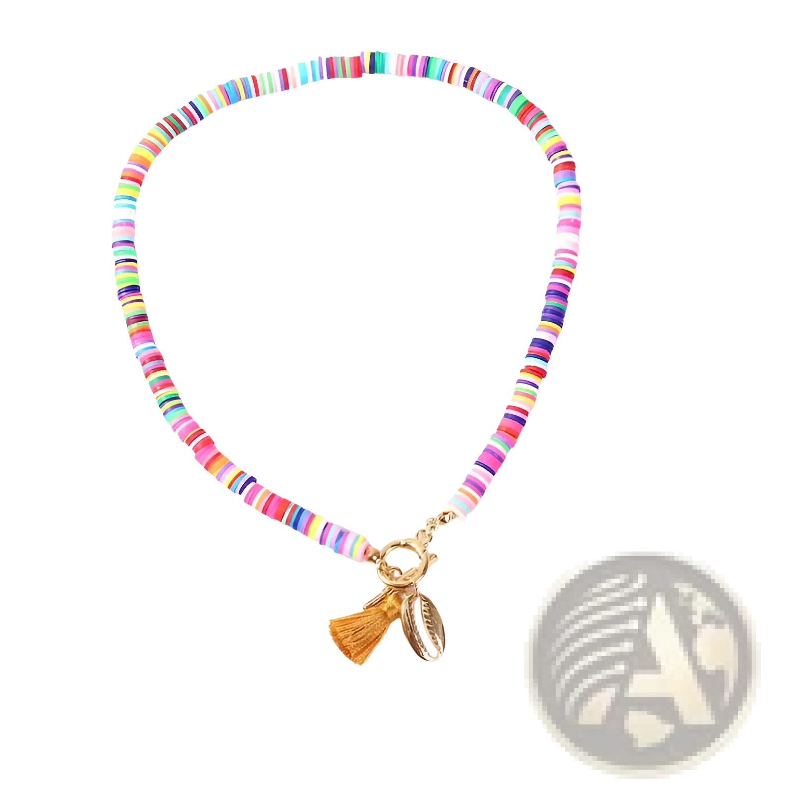 Bohemian rainbow beaded choker with colorful beads gold-toned clasp tassel and shell charms pendant