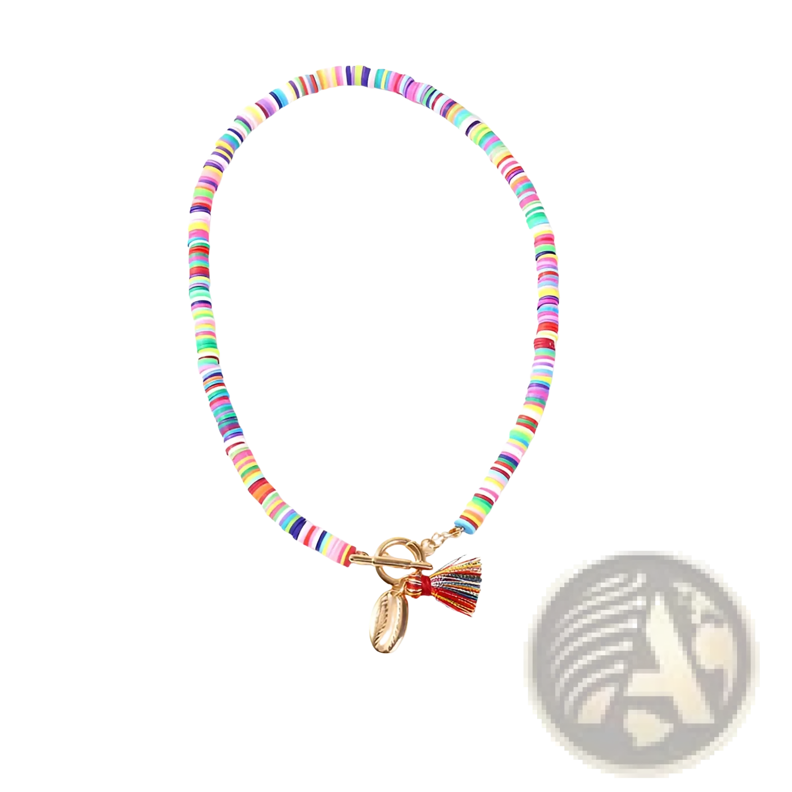 Bohemian rainbow beaded choker with multicolored cylindrical beads gold-toned toggle clasp and shell pendant