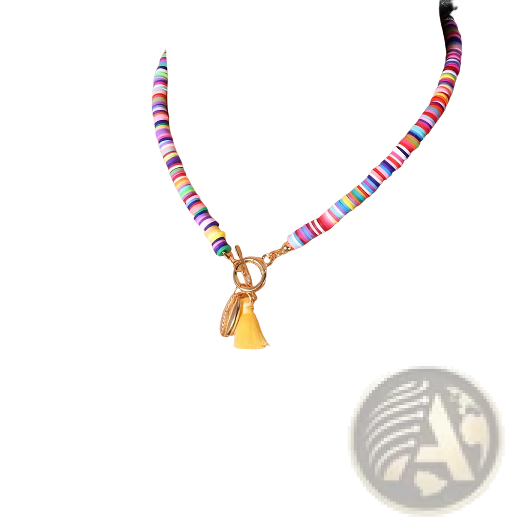Bohemian rainbow beaded choker with vibrant beads gold-toned toggle clasp and yellow tassel charm