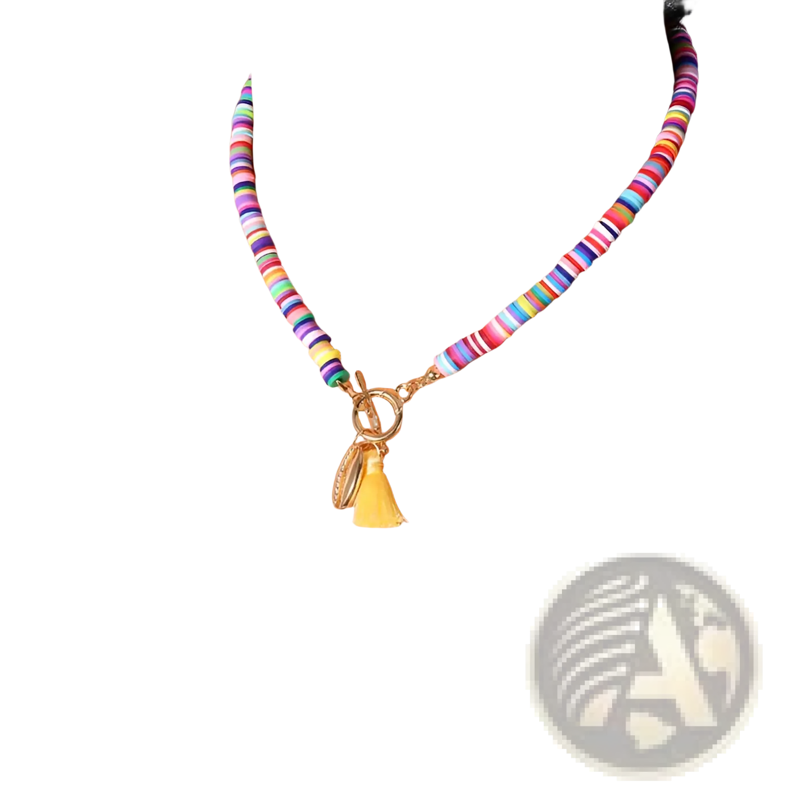 Bohemian rainbow beaded choker with vibrant beads gold-toned toggle clasp and yellow tassel charm
