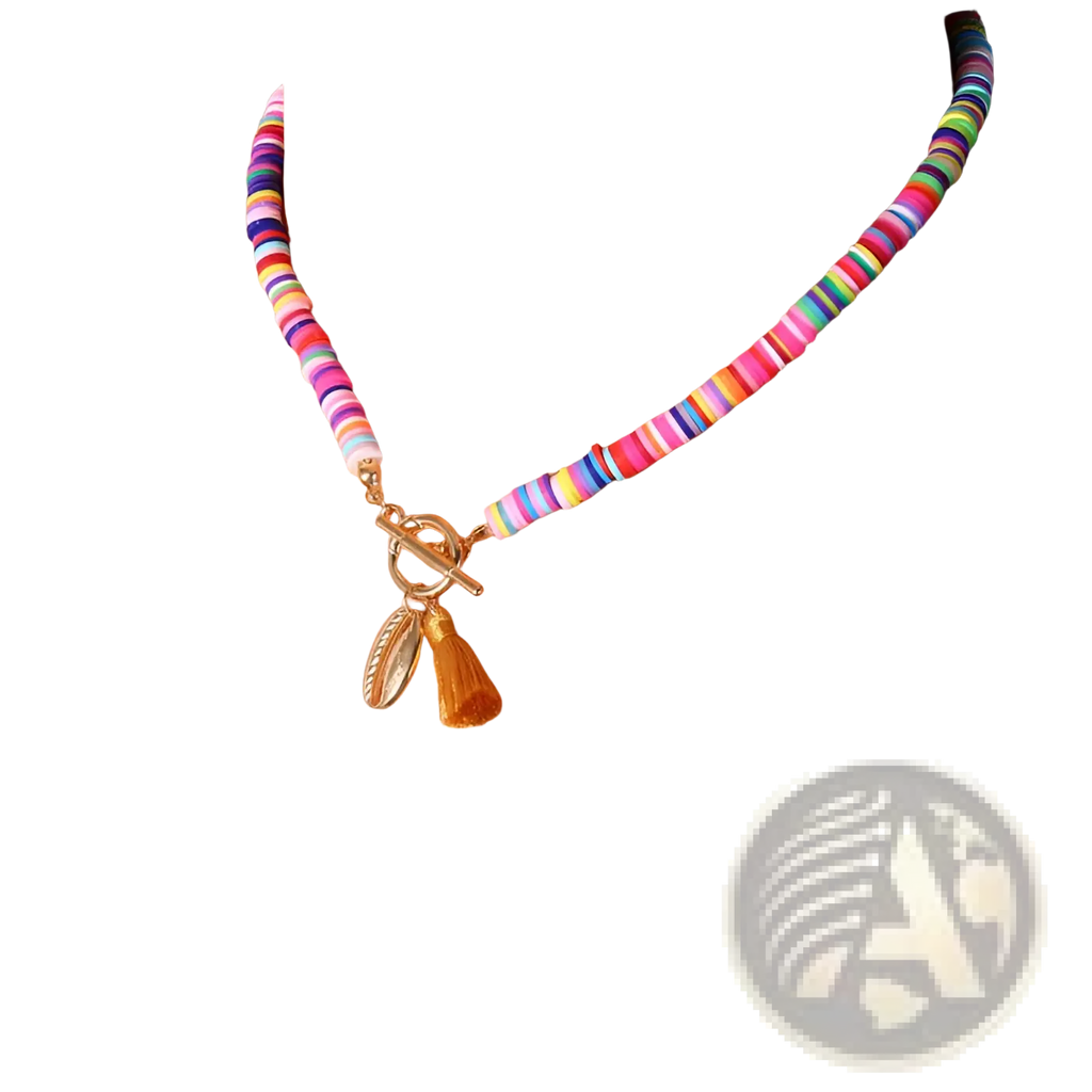 Bohemian rainbow striped beaded choker necklace with gold tone toggle clasp and dangling shell pendant