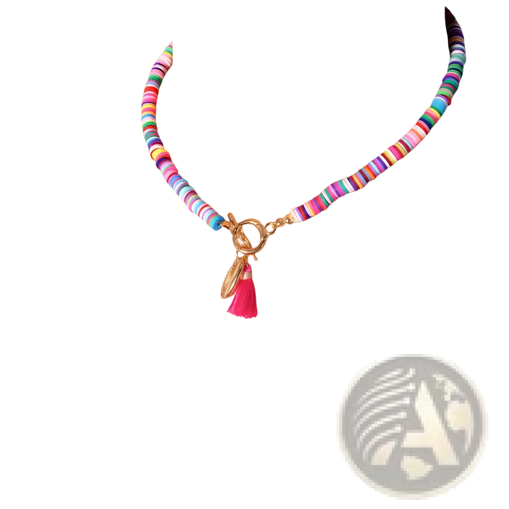 Bohemian rainbow beaded choker necklace with multicolored beads gold-toned toggle clasp and pink tassel charm