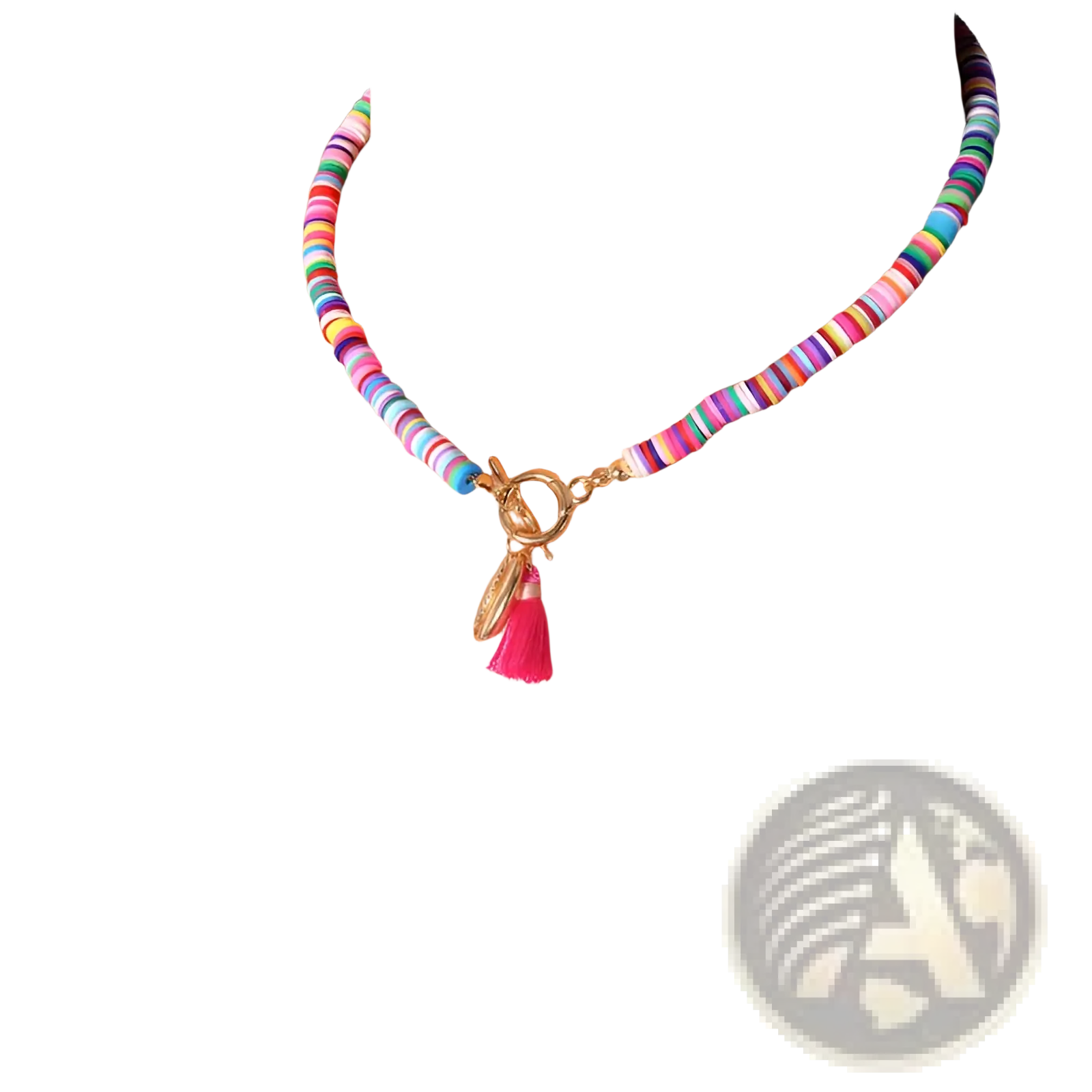 Bohemian rainbow beaded choker necklace with multicolored beads gold-toned toggle clasp and pink tassel charm