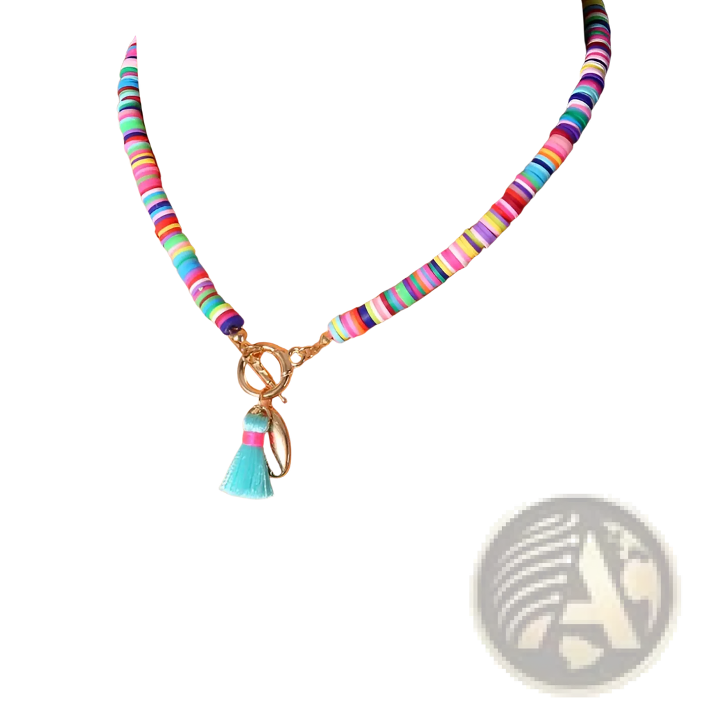 Bohemian rainbow beaded choker necklace with colorful beads gold-tone toggle clasp and turquoise tassel pendant