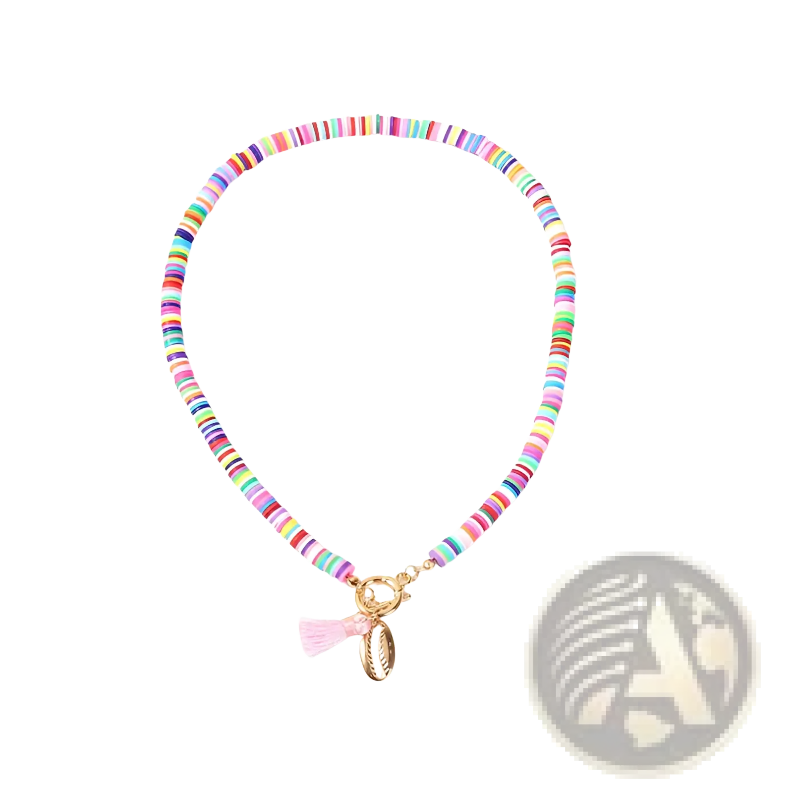 Bohemian rainbow beaded choker featuring a colorful beaded necklace with gold-toned shell pendant and pink tassel