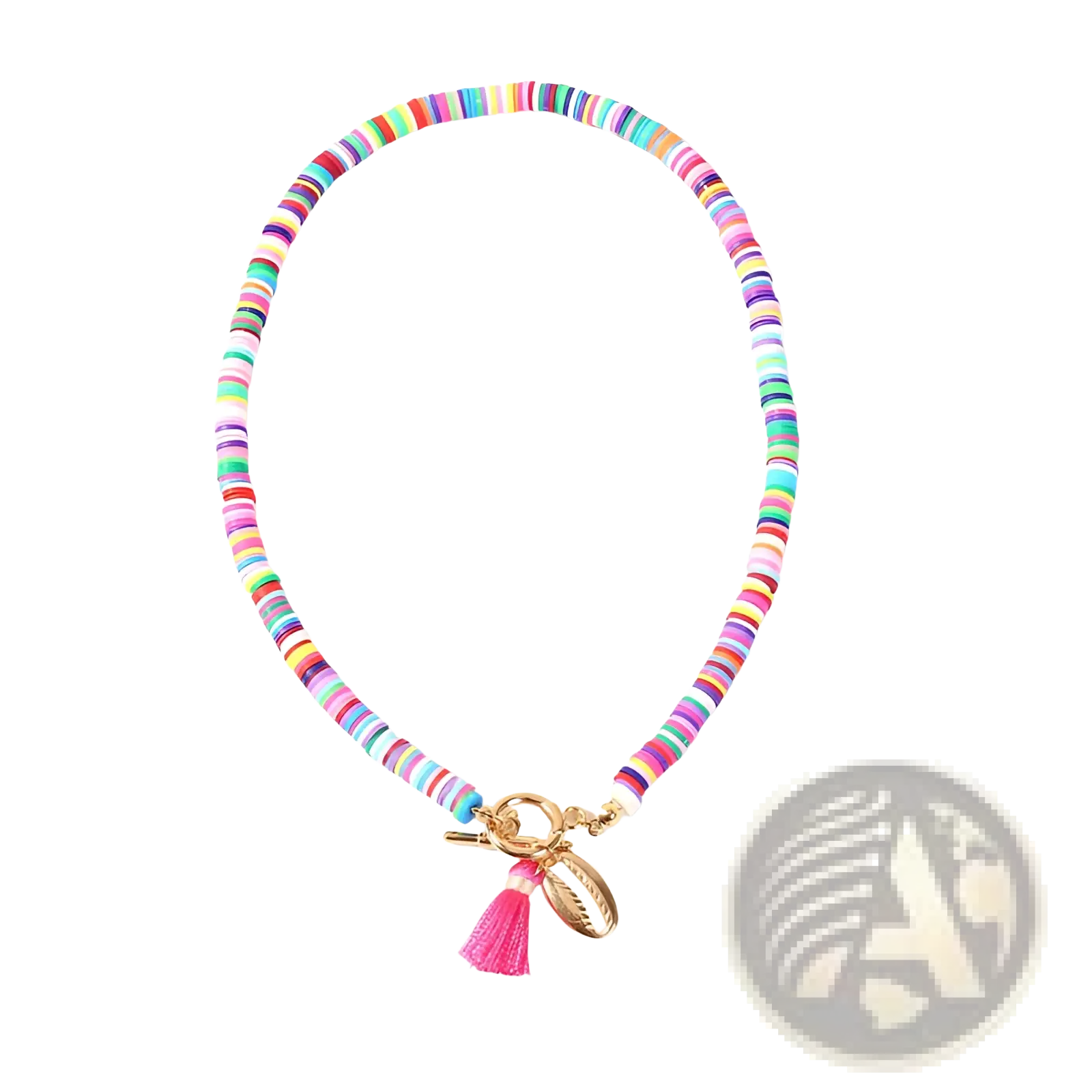 Bohemian rainbow beaded choker featuring colorful beads with a gold toggle clasp and pink tassel charm