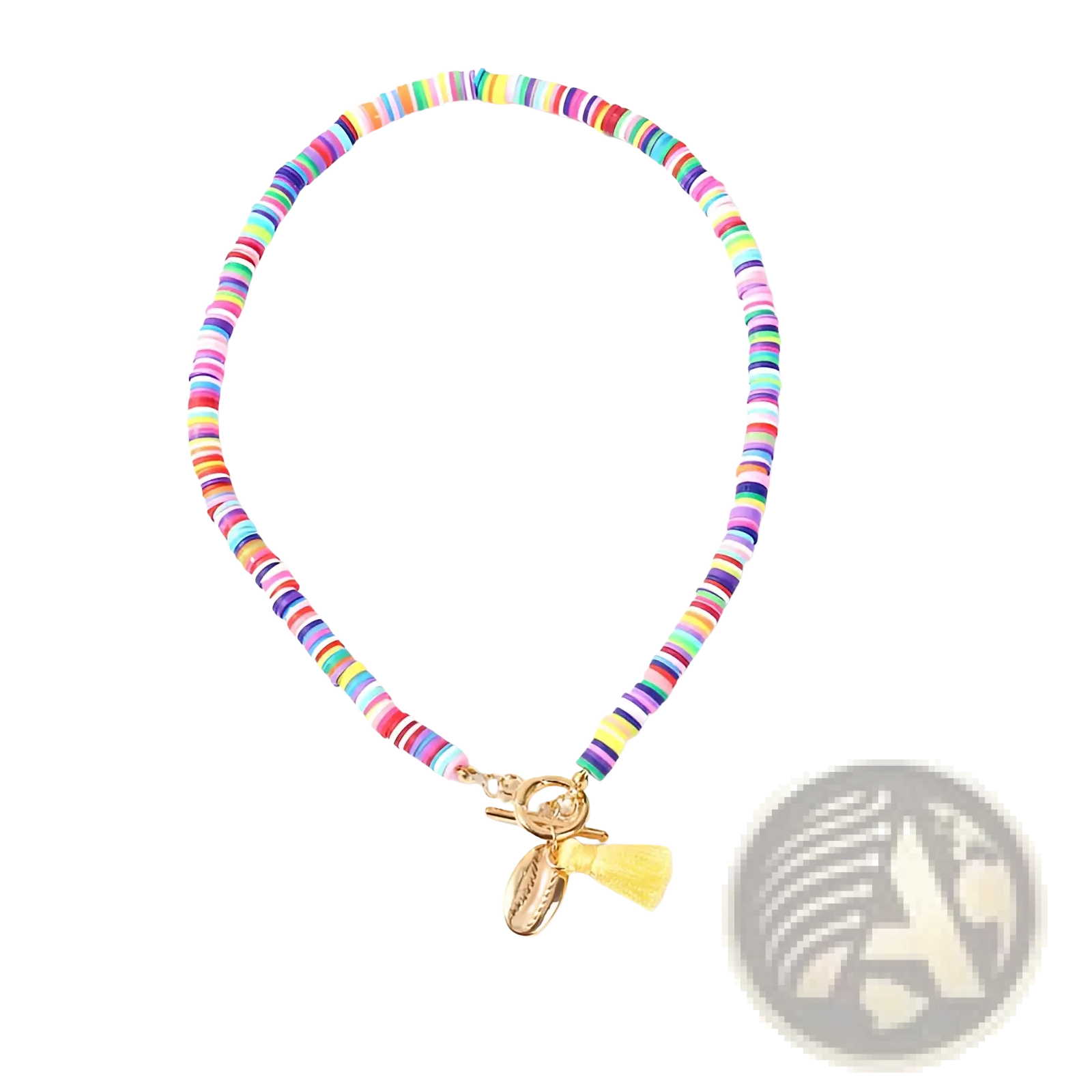 Bohemian rainbow beaded choker with colorful beads gold-toned toggle clasp and small yellow tassel charm