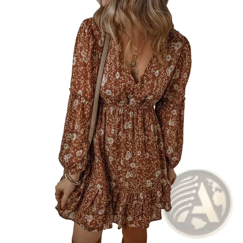 Bohemian rust floral tiered mini dress with long puff sleeves and ruffled hem in lightweight fabric