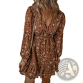 Bohemian rust floral tiered mini dress with long puff sleeves and ruffled hem in lightweight fabric