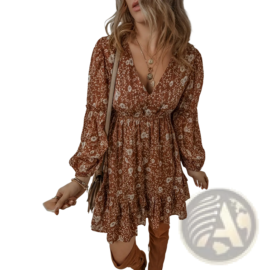 Bohemian rust floral tiered mini dress with long puff sleeves and a ruffled hem in a lightweight fabric
