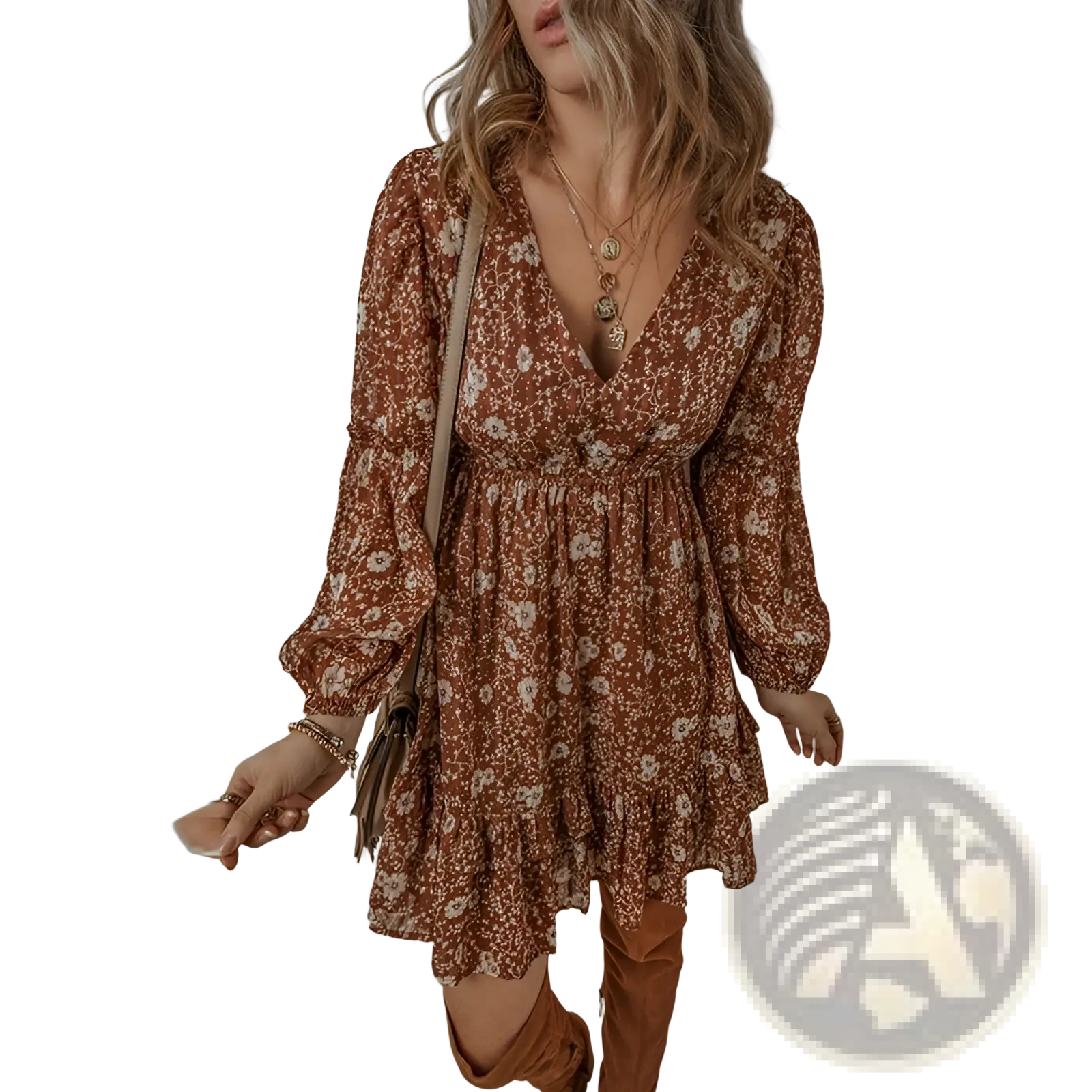 Bohemian rust floral tiered mini dress with long puff sleeves and a ruffled hem in a lightweight fabric