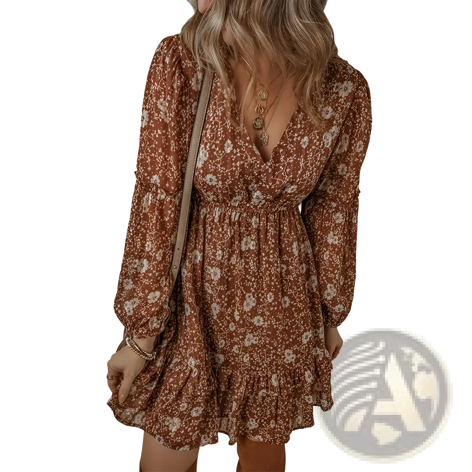 Bohemian rust floral tiered mini dress with puff sleeves, long sleeves, and ruffled hem in lightweight fabric