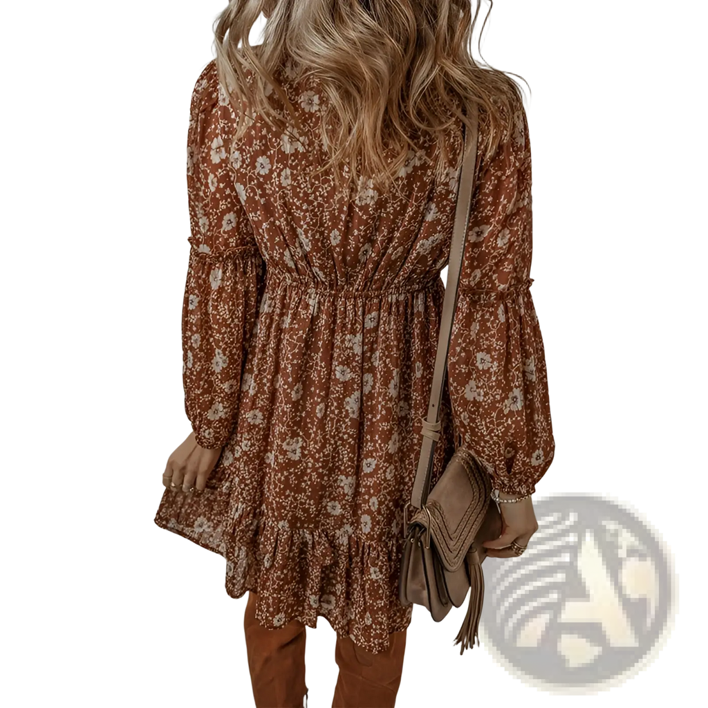 A woman wearing a rust-colored floral tiered mini dress with long puff sleeves and a ruffled hem