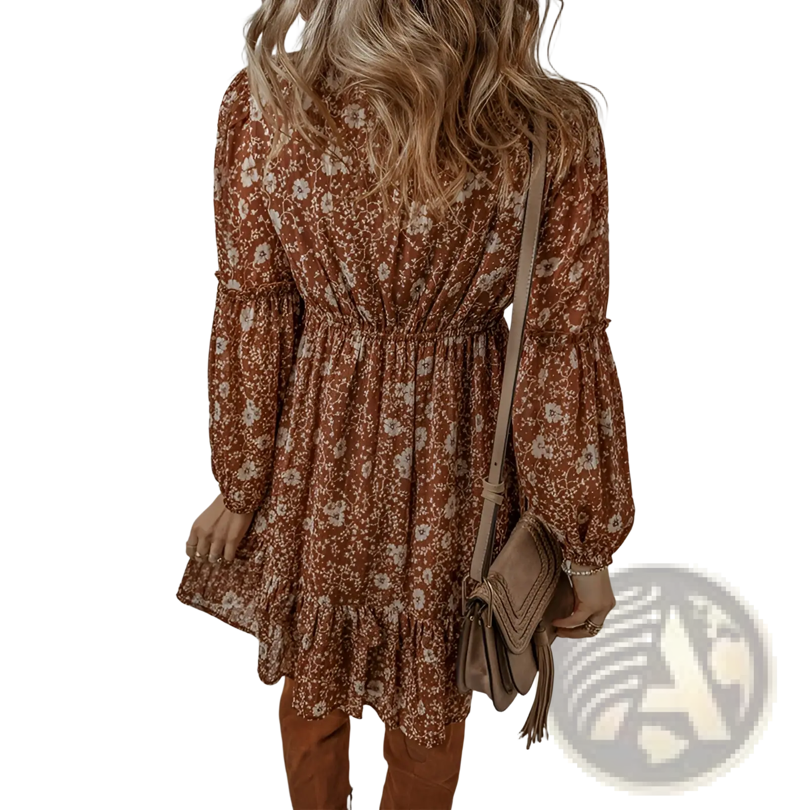 A woman wearing a rust-colored floral tiered mini dress with long puff sleeves and a ruffled hem