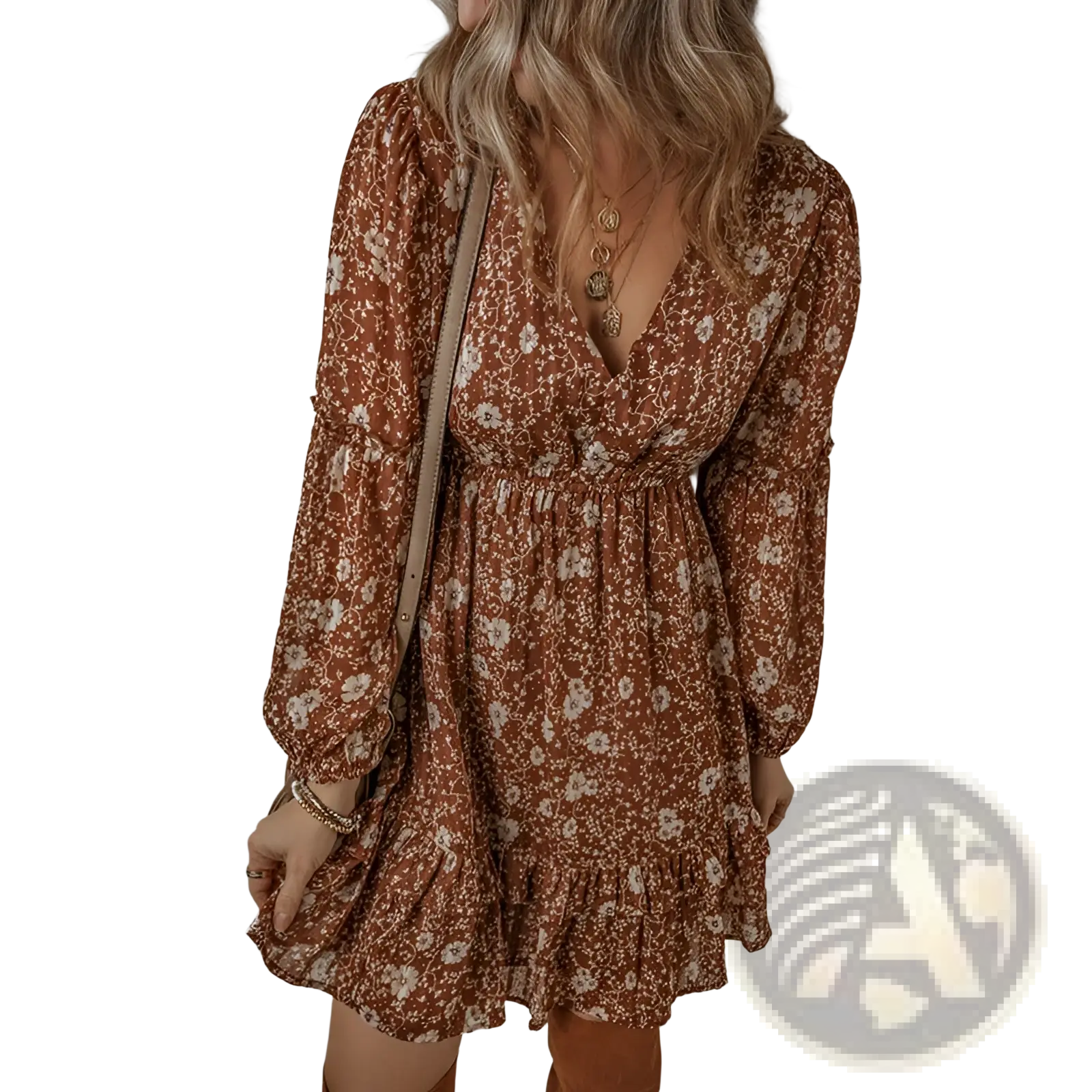 Bohemian rust floral tiered mini dress with long puff sleeves and ruffled hem in lightweight fabric