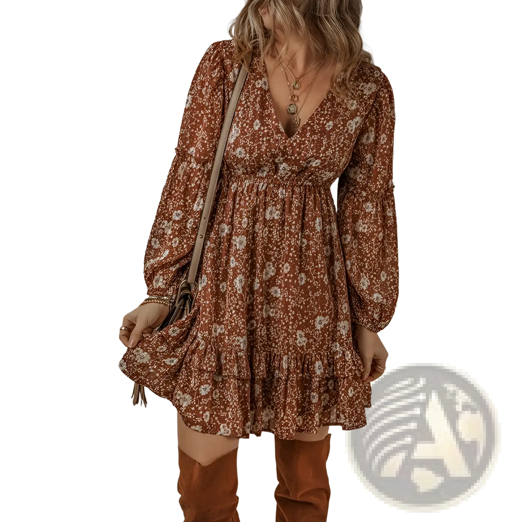 A rust-colored bohemian floral tiered mini dress with long puff sleeves and a flowing tiered hem