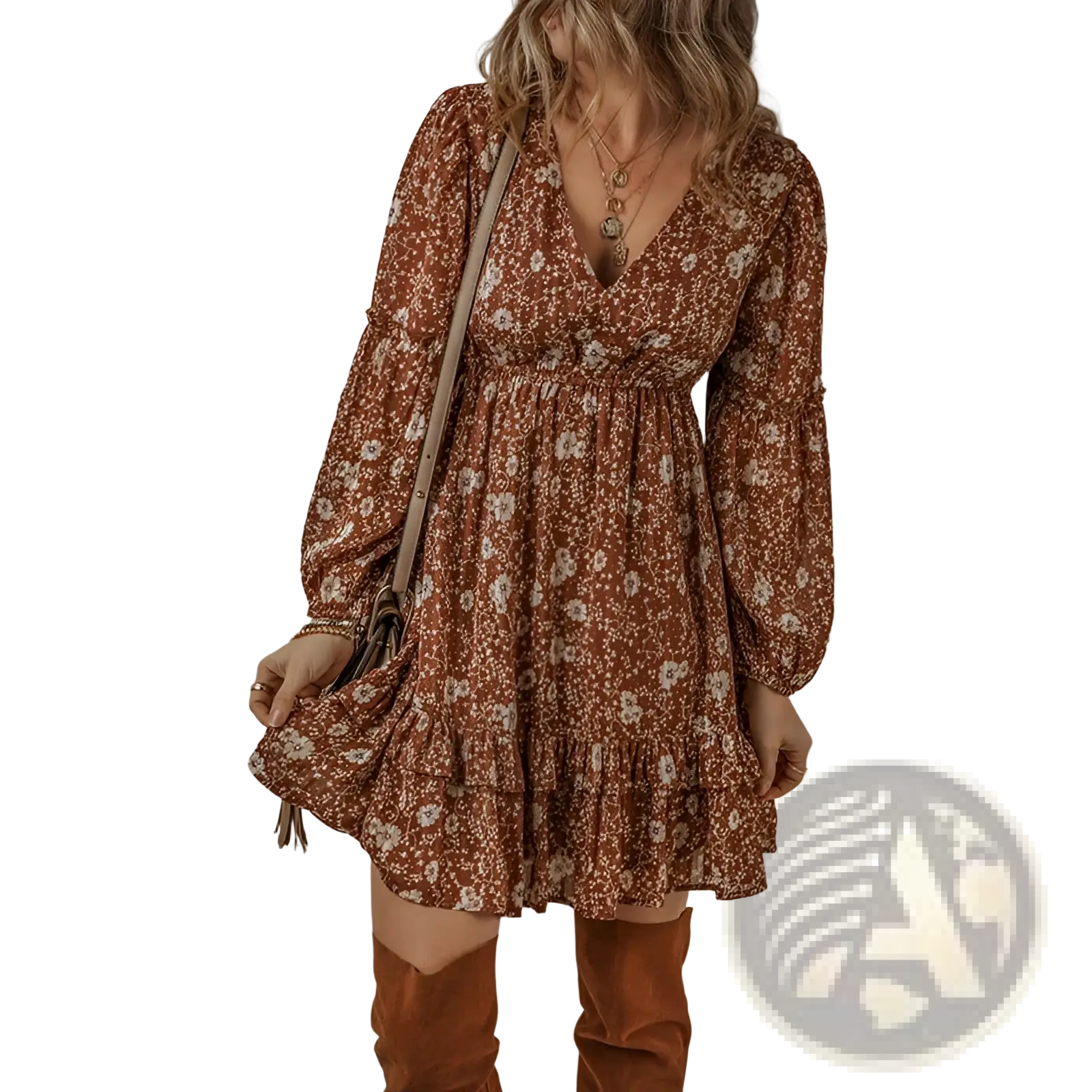 A rust-colored bohemian floral tiered mini dress with long puff sleeves and a flowing tiered hem