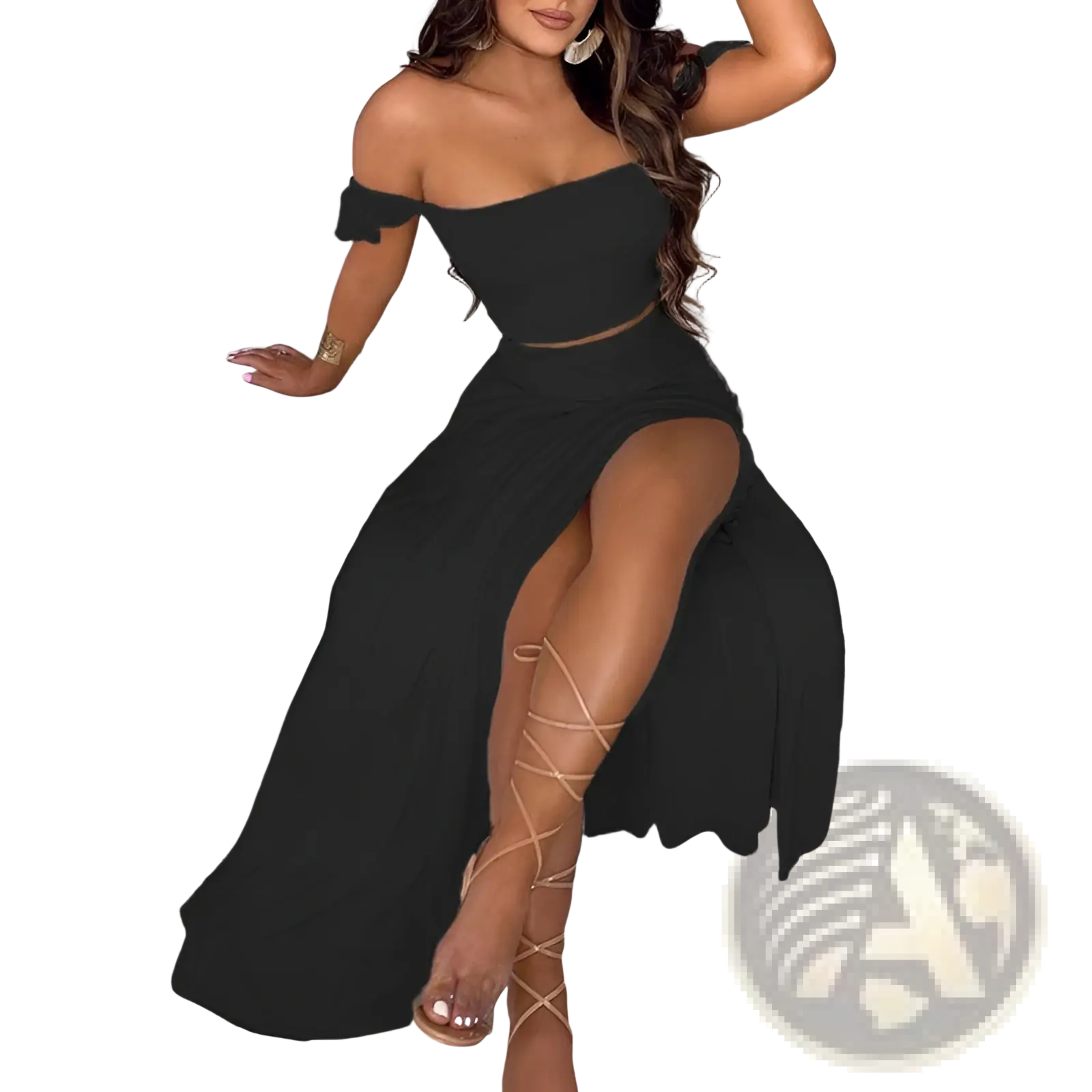 Black bohemian off-shoulder two-piece maxi dress with ruffled neckline and high slit in lightweight fabric