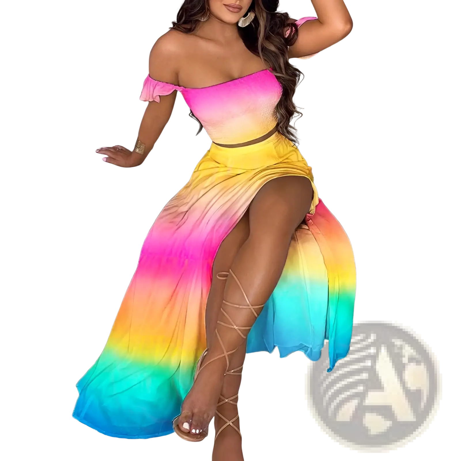 Bohemian off-shoulder two-piece maxi dress with rainbow gradient, high slit, and flowing fabric in lightweight material