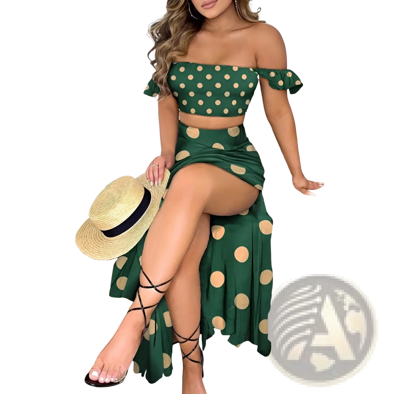 Green and beige polka dot bohemian off-shoulder two-piece maxi dress with high slit in lightweight fabric