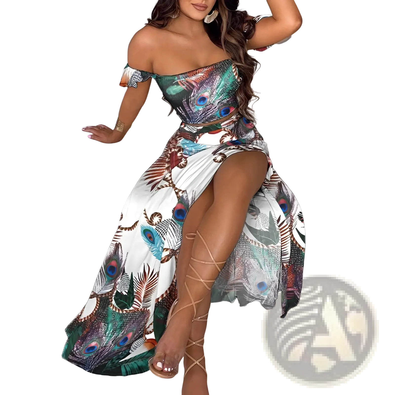 Bohemian off-shoulder two-piece maxi dress with vibrant peacock feather print crop top and high-slit skirt in white green and blue tones