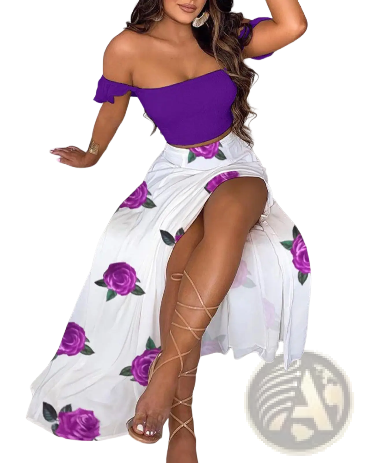 Bohemian off-shoulder two-piece maxi dress with purple ruffled crop top and white skirt with purple rose prints