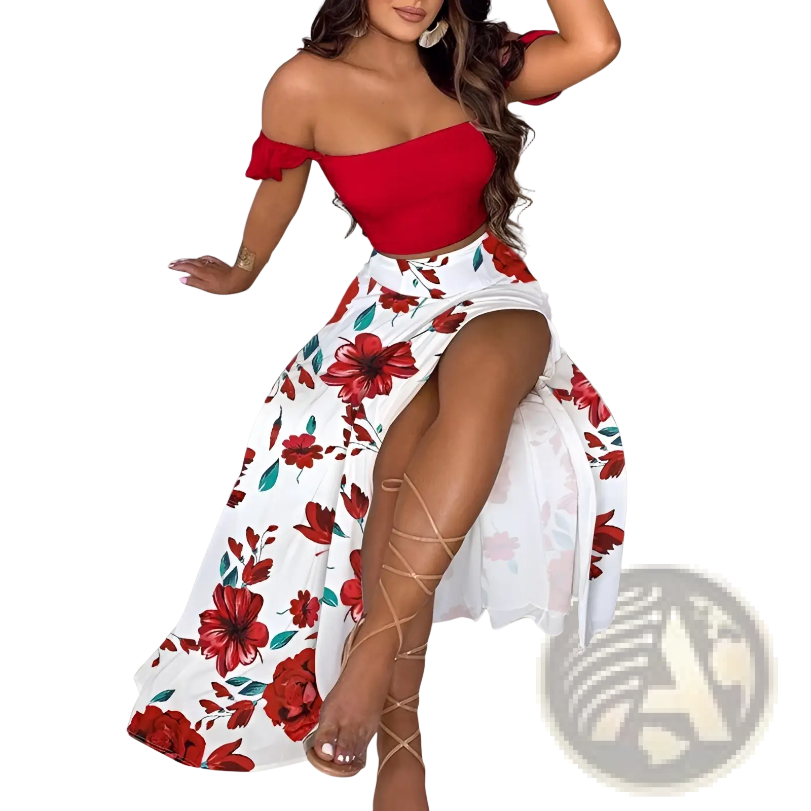 Red and white floral bohemian off-shoulder two-piece maxi dress with a high slit for elegant summer wear