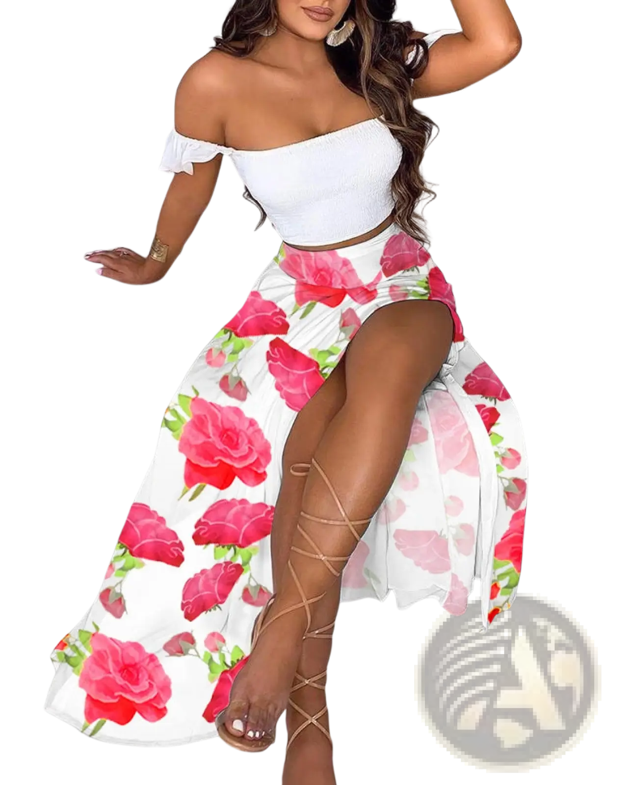 White maxi skirt with vibrant red rose floral print and high slit from bohemian off-shoulder two-piece dress