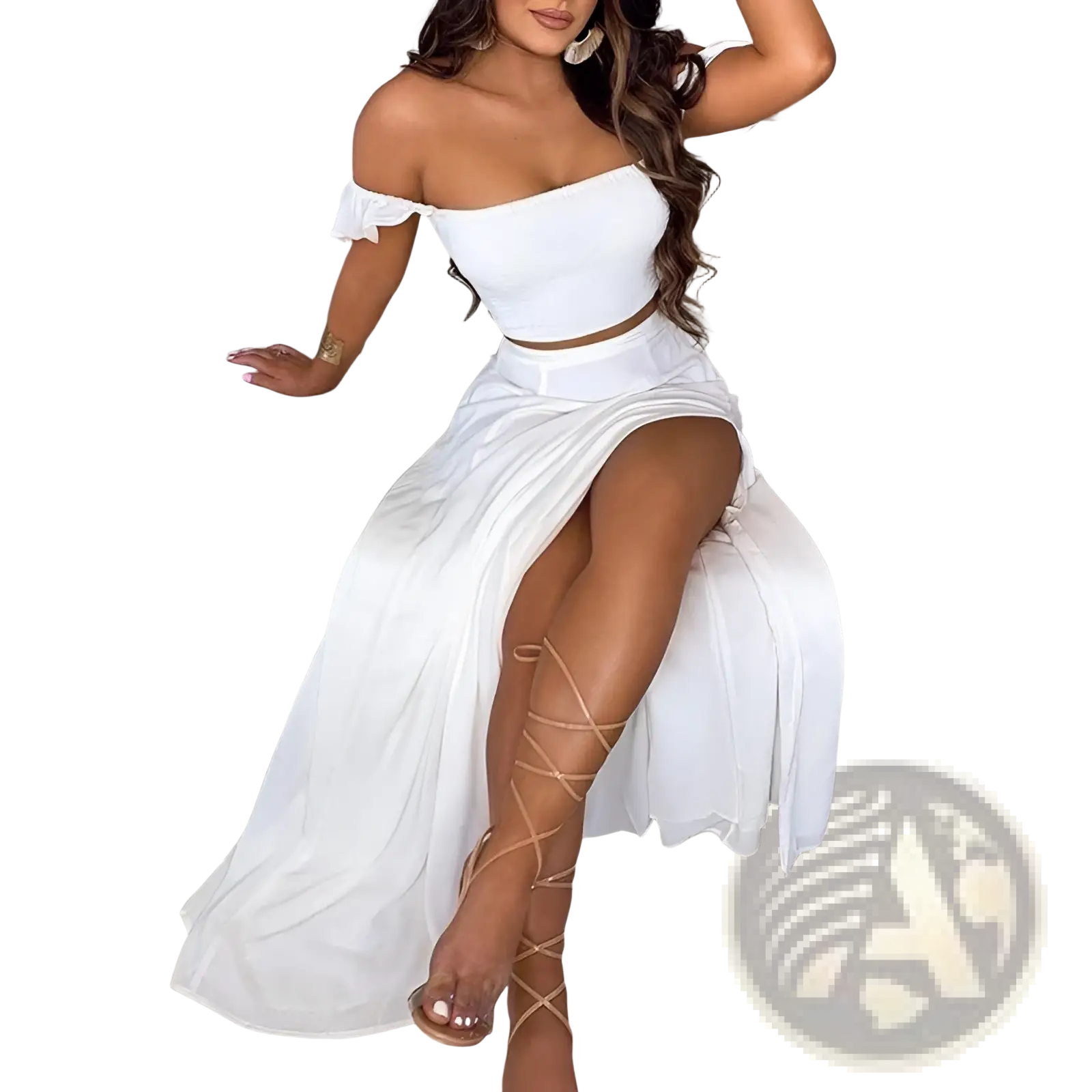 White bohemian off-shoulder crop top with ruffled sleeves and matching high-slit maxi skirt two-piece set