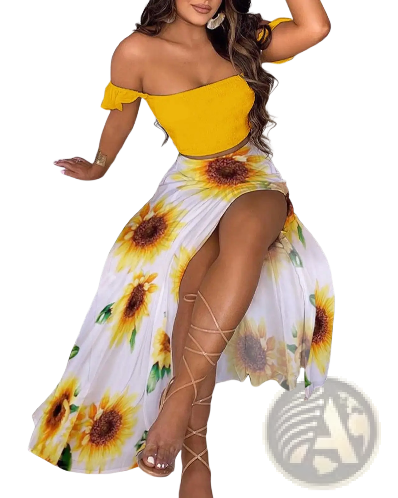 Bohemian off-shoulder two-piece maxi dress with vibrant yellow and white sunflower print high slit maxi skirt with lace-up sides