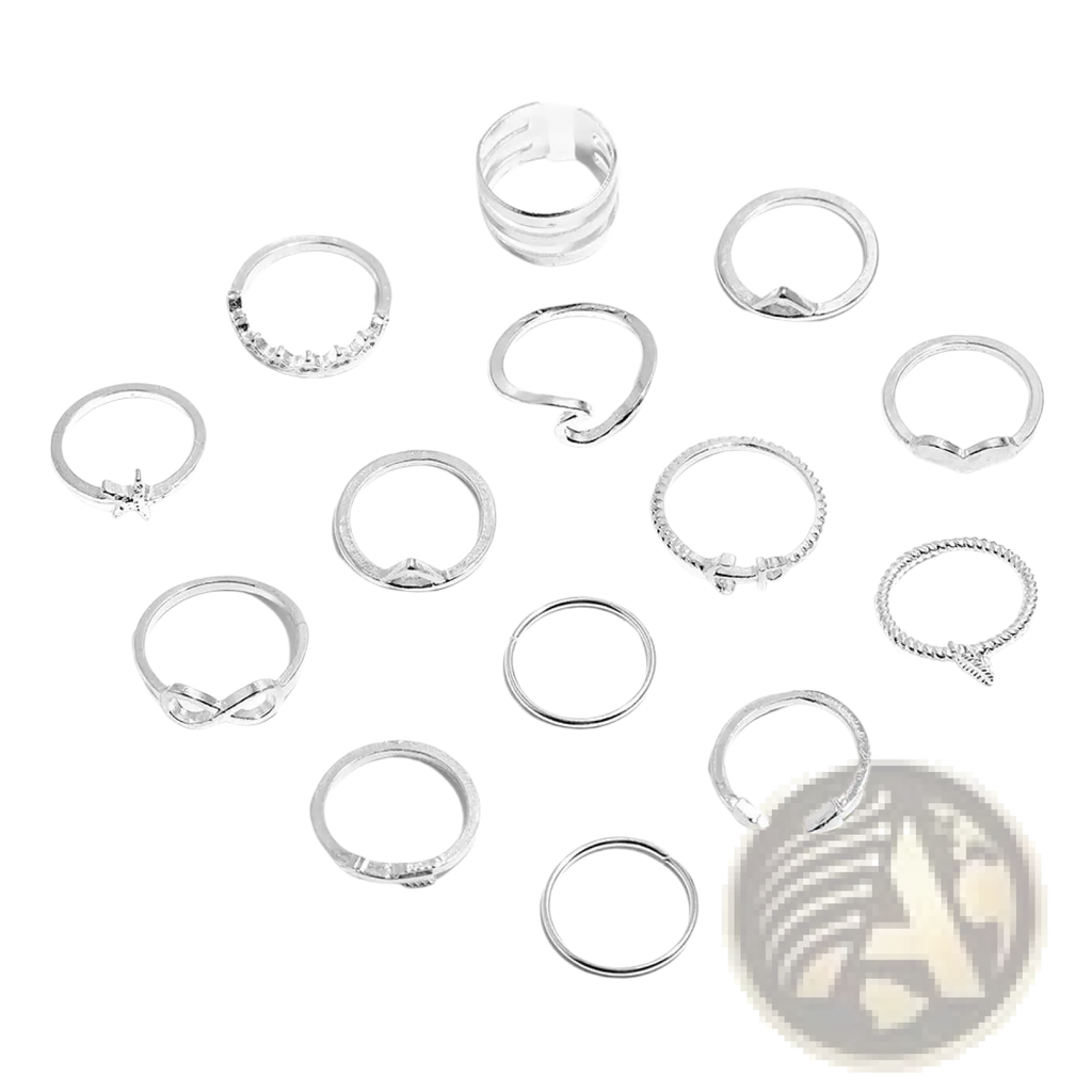 A collection of silver-toned bohemian stackable rings featuring mixed motifs like beads knots stones and crosses
