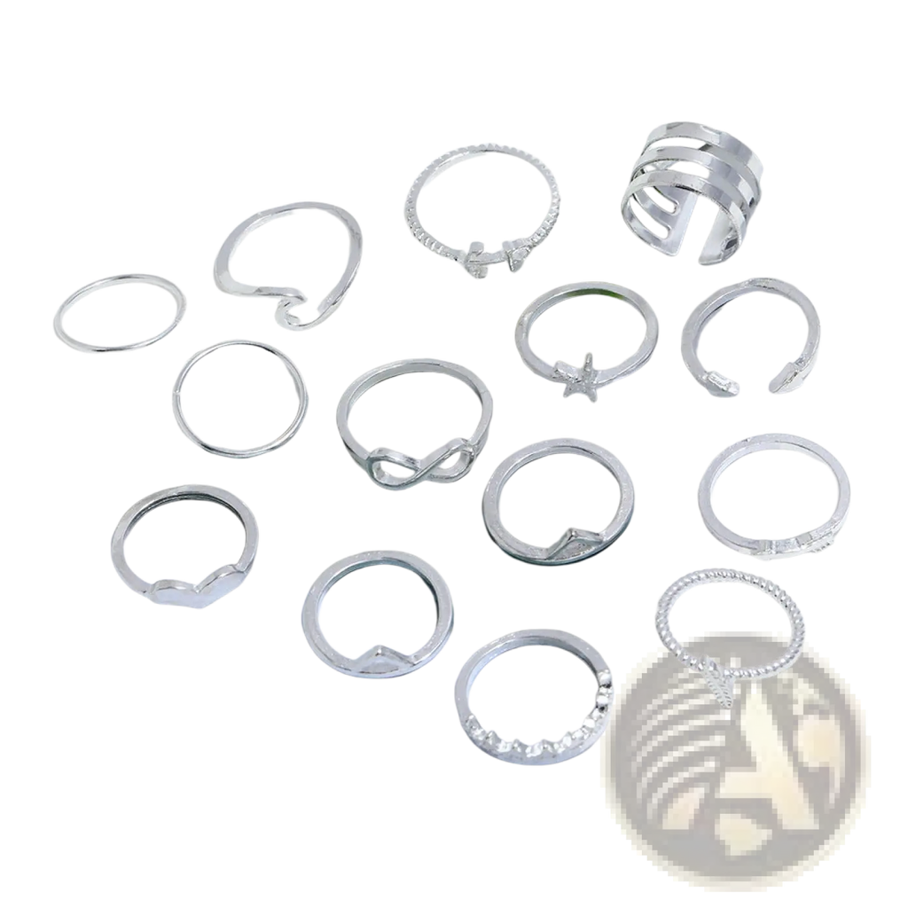 Bohemian silver mixed motif stackable ring set featuring silver-toned bands with simple and embellished designs