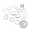 Bohemian silver mixed motif stackable ring set featuring silver-toned bands with simple and embellished designs