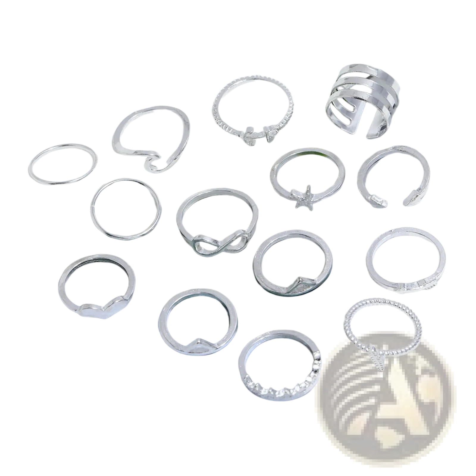 Bohemian silver mixed motif stackable ring set featuring silver-toned bands with simple and embellished designs