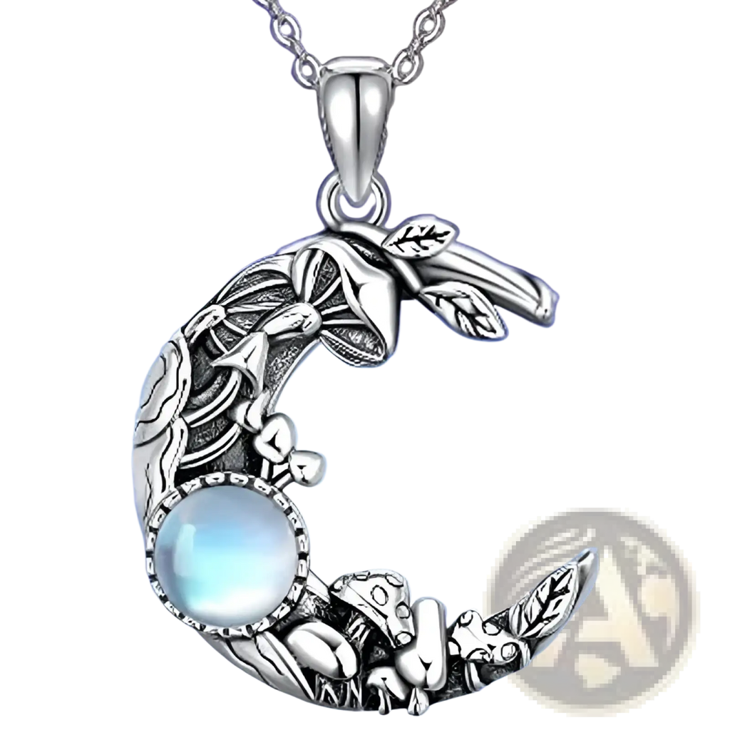 Bohemian silver mushroom and moonstone crescent necklace with intricate leaf designs and blue round moonstone accent