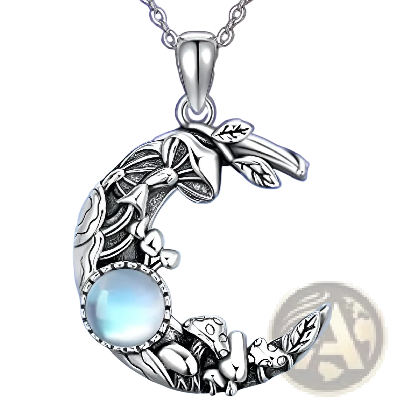 Bohemian silver mushroom and moonstone crescent necklace with intricate leaf designs and blue round moonstone accent